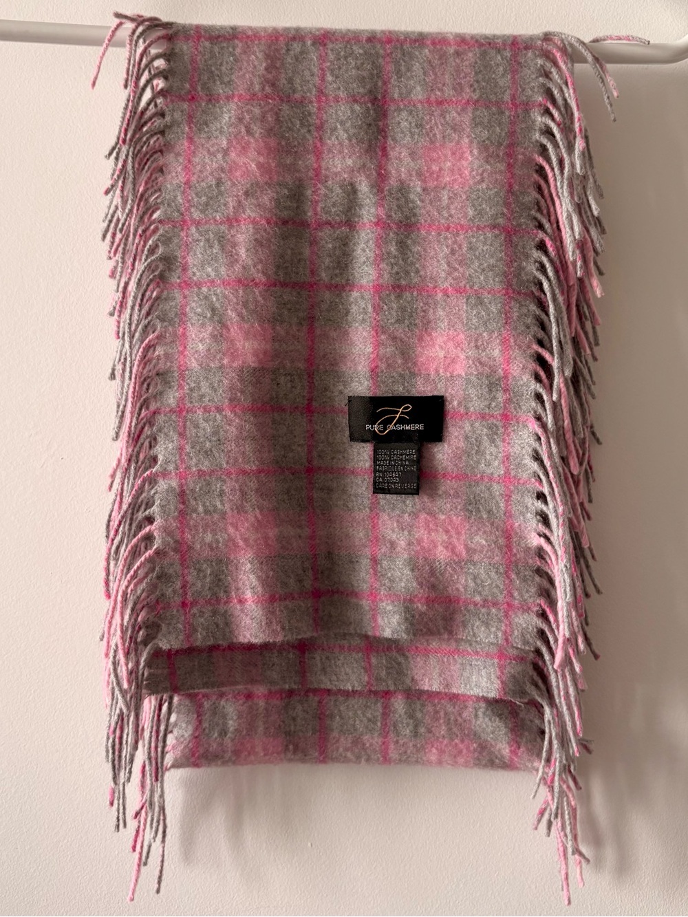Pure Cashmere Pink & Grey Plaid Fringed Scarf | 100% Cashmere